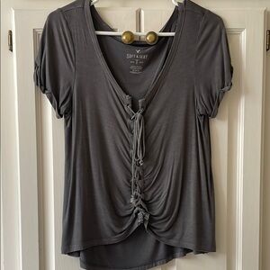 American Eagle Outfitters Gray Tie Front Ruched Blouse
